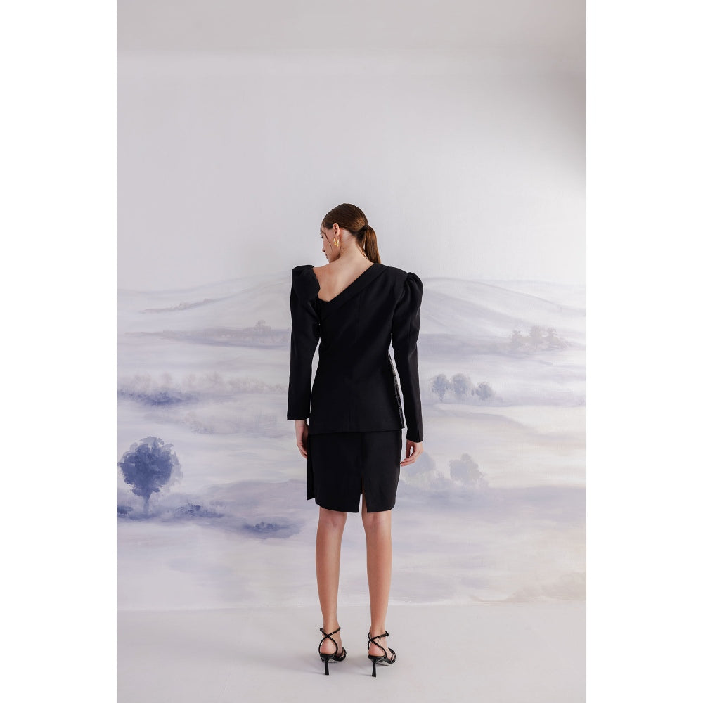 Orthodox Black One-Shoulder Blazer with Artistic Embroidery