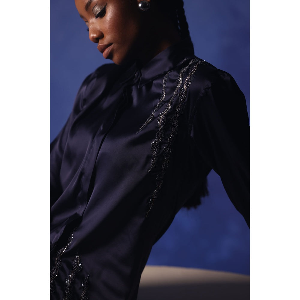 Orthodox Twilight Navy Blue Satin Shirt with Ari Work