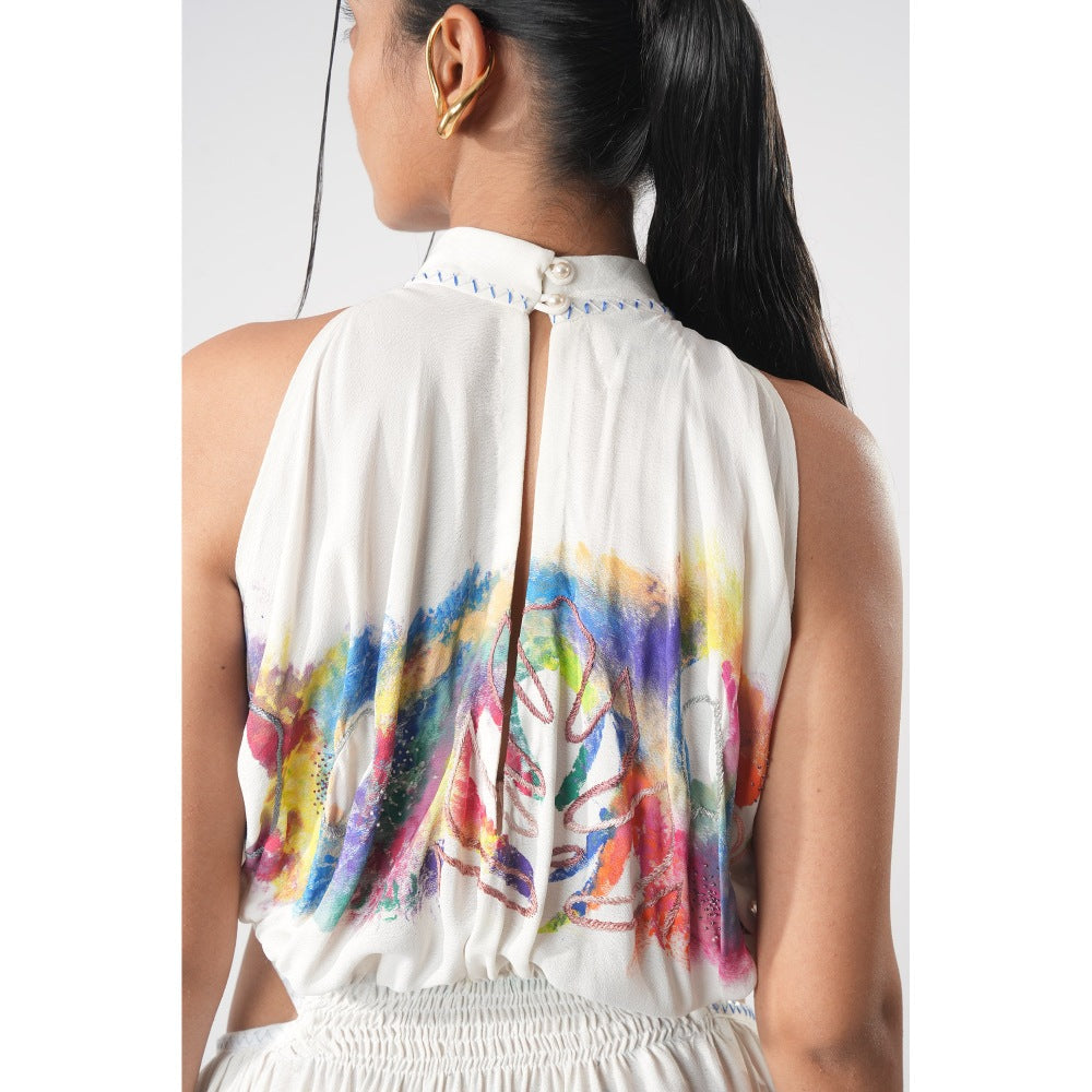 Orthodox White High-Neck Midi Dress with Cut-Out Waist and Hand-Painted Artistic Accents