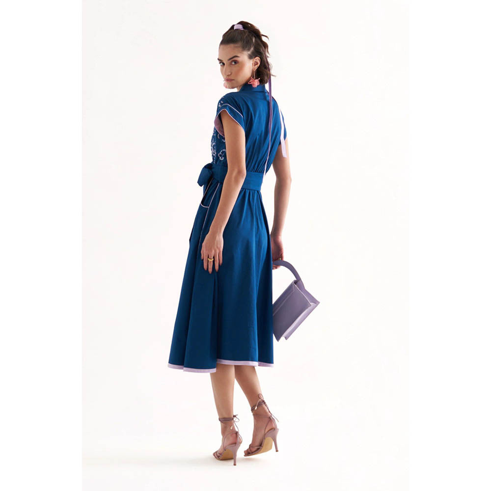Our Love Blue Cotton Twill And Schiffli Embroidered Midi Dress With Belt (Set of 2)