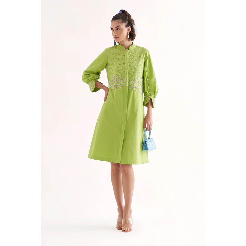 lime green knee length dress Women's Prosperina Lana Lime Green Cotton Button-Front Midi Dress | Size: L