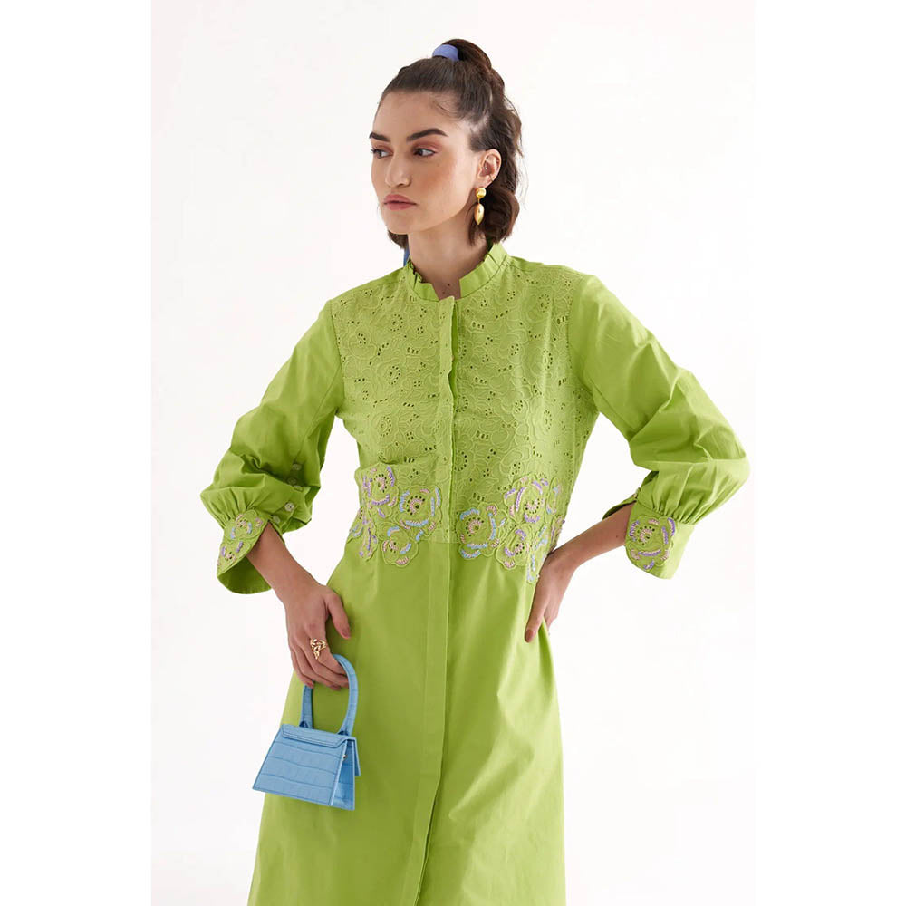 Our Love Estelle Lime Green Cotton Embroidered Knee Length Dress