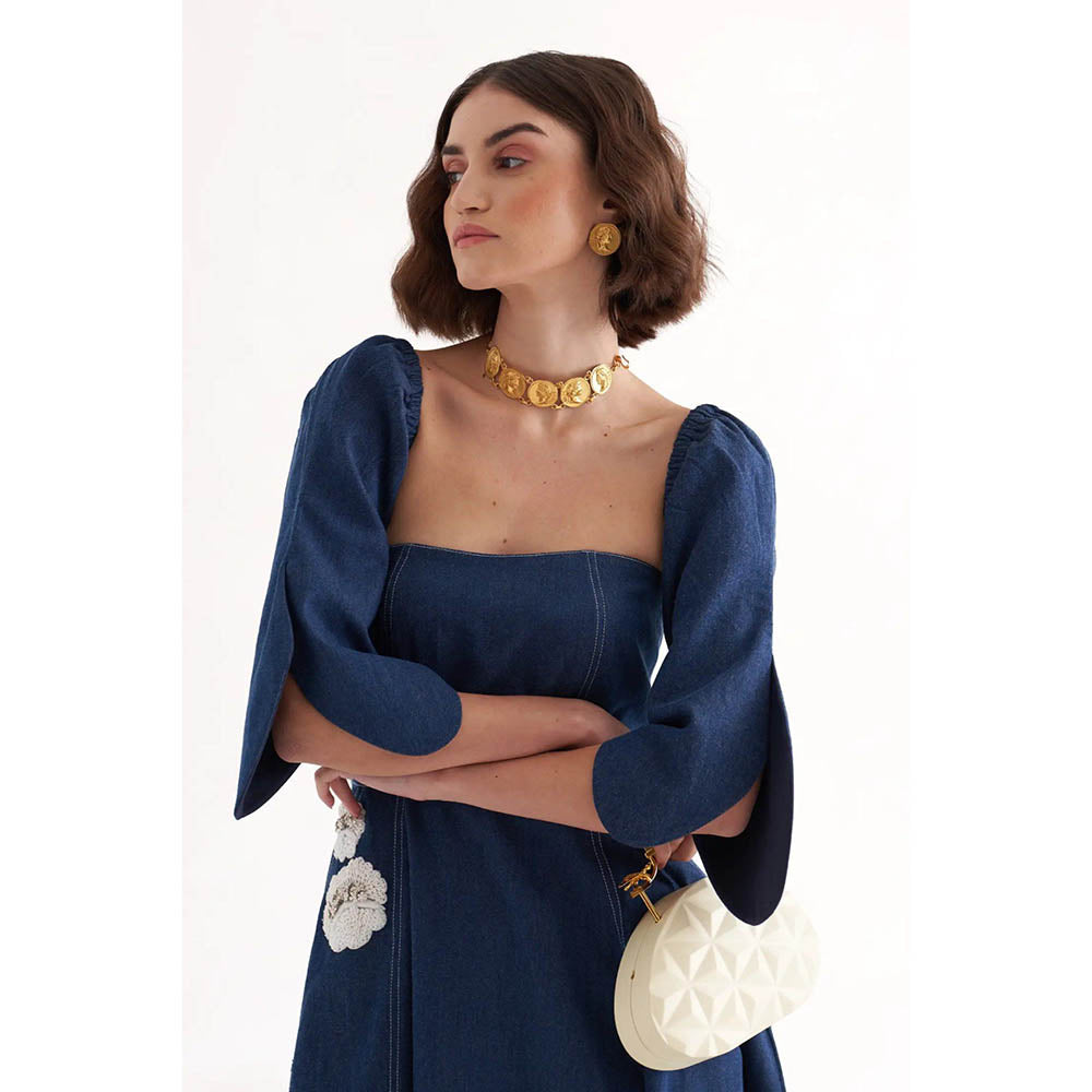 Our Love Bussing Denim Tube Embroidered Midi Dress With Detachable Sleeves