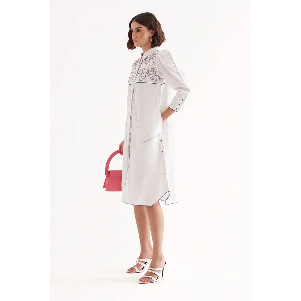 Our Love Claire Cotton Satin And Schiffli White Embroidered Knee Length Dress