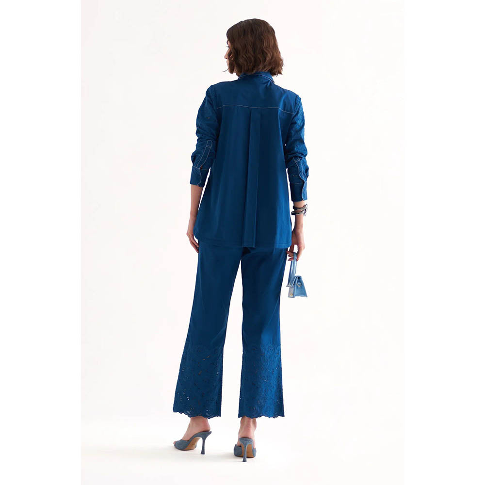 Our Love Razz Persian Blue Cotton Twill And Schiffli Embroidered Shirt & Pant (Set of 2)