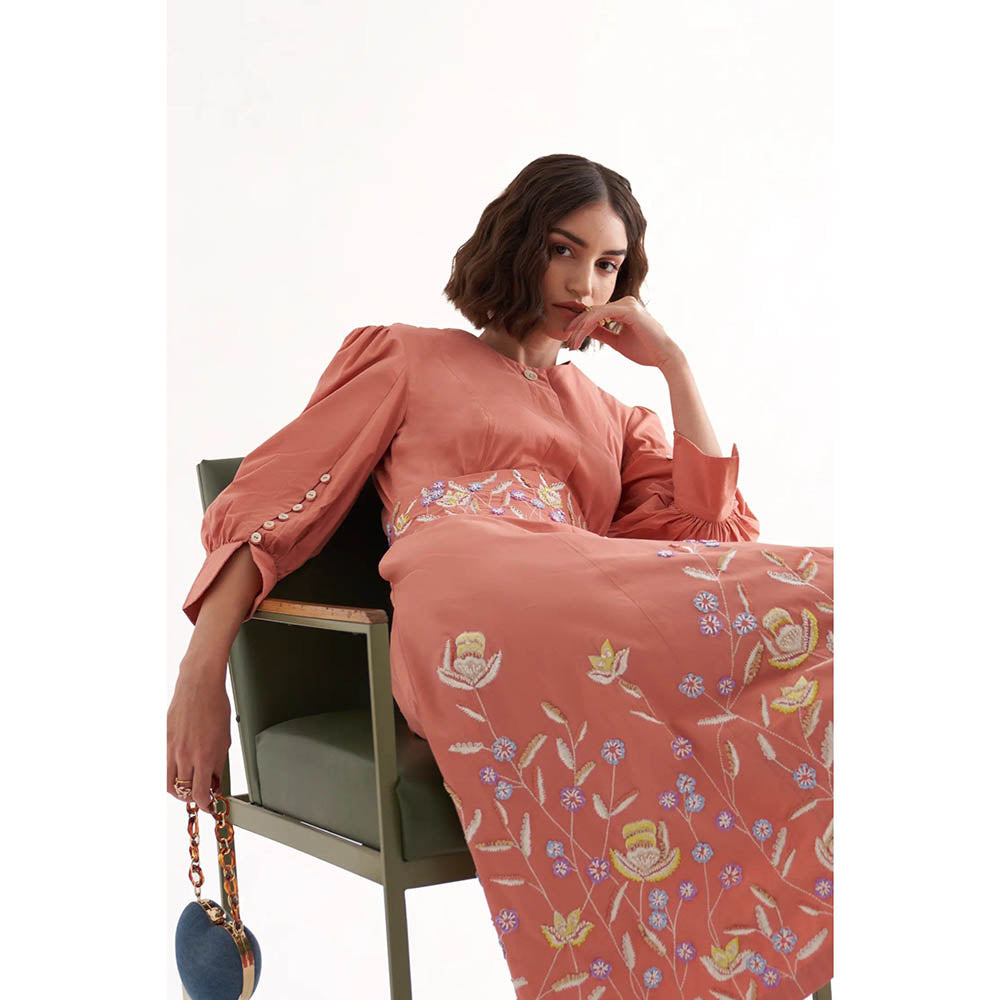 Our Love Saint Lipstick Pink Cotton Embroidered Midi Dress With Belt (Set of 2)