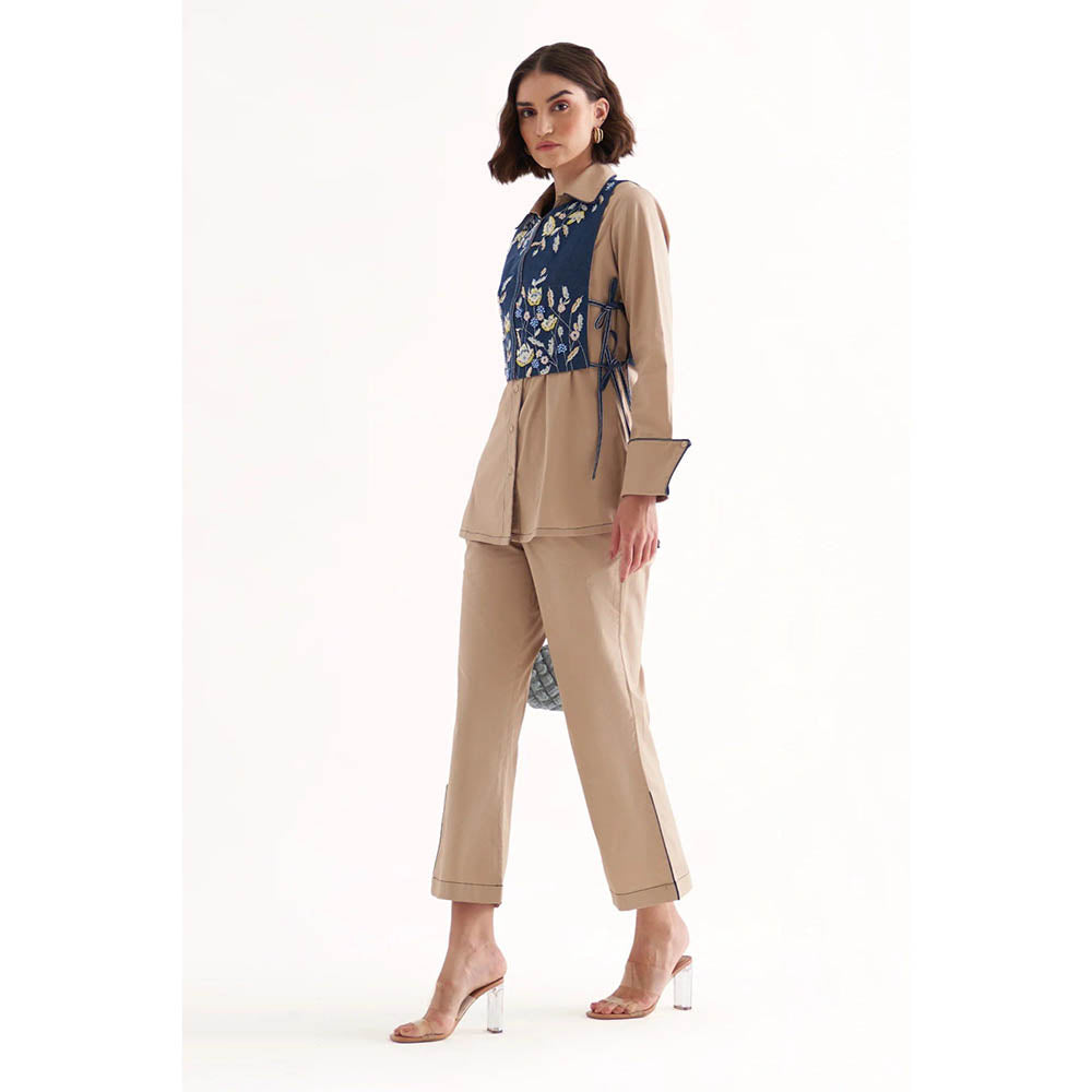Our Love Pandora Cotton Satin Khaki Shirt And Pant With Denim Jacket (Set of 3)