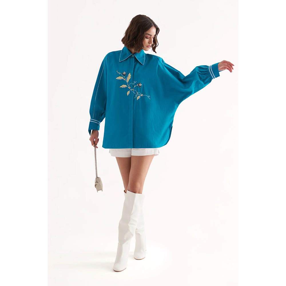 Our Love Roseate Cotton Turquoise Embroidered Shirt With White Shorts (Set of 2)