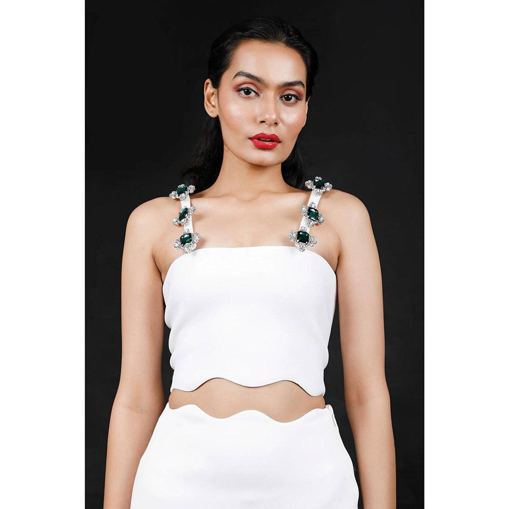 Ozeqo Womens White Crop Top with Skirt and Pair Of Detachable Shoulder Strap (Set of 3)
