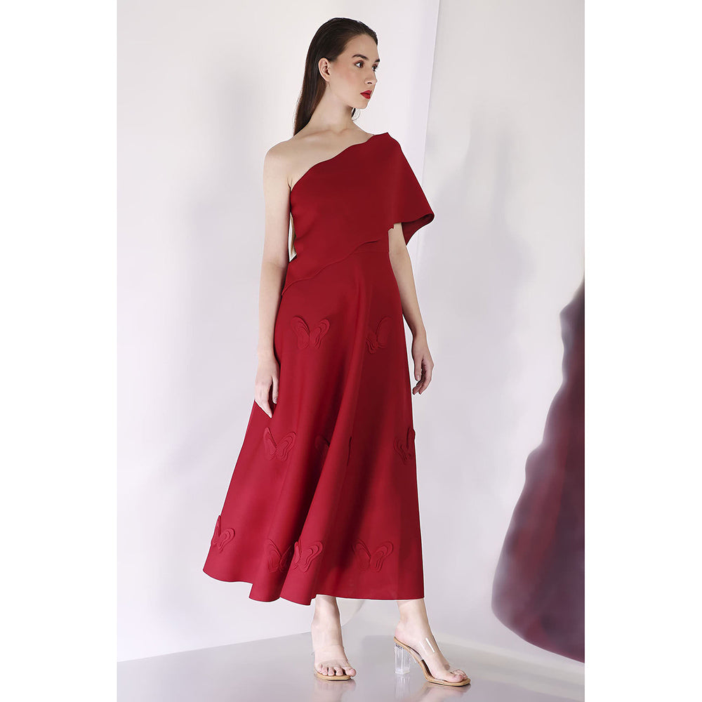 Ozeqo Maroon Off Should Midi Dress with Wrap (Set of 2)