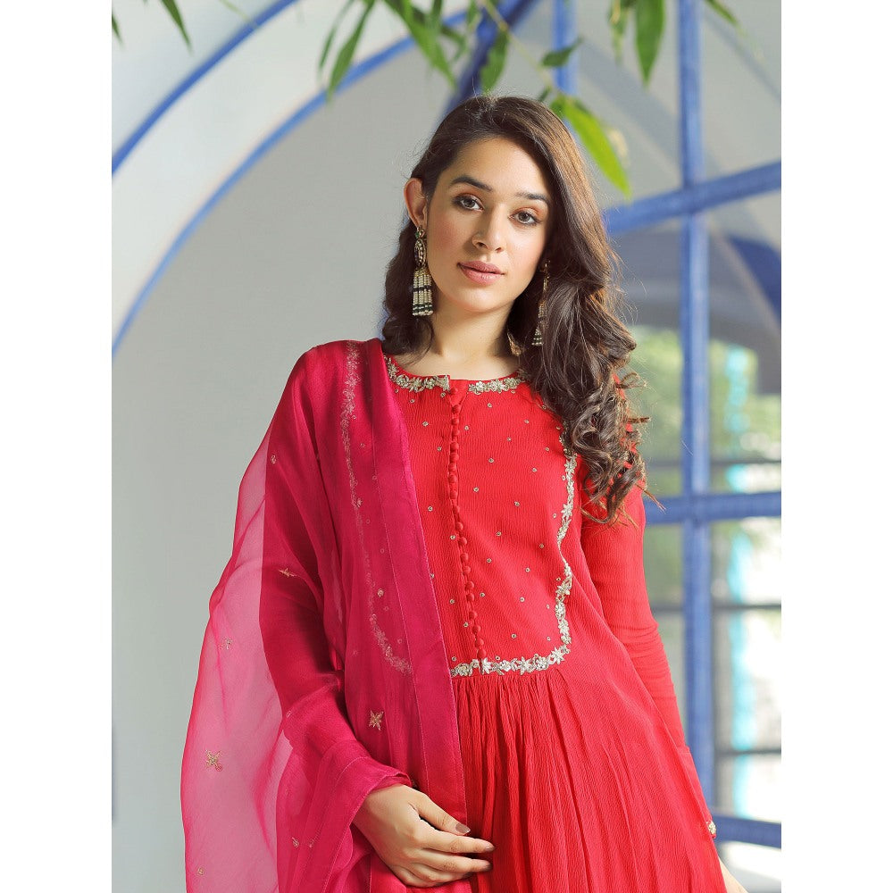 Pairaahan Ezra Red Chiffon Kurta (Set of 3)