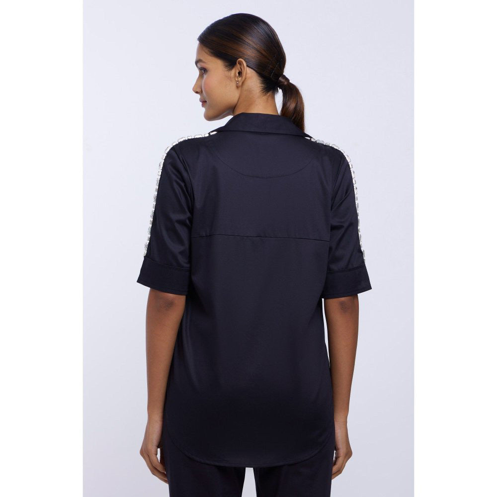 Pallavi Swadi Black Solid Rectangle Swarovski Ribbon Shirt