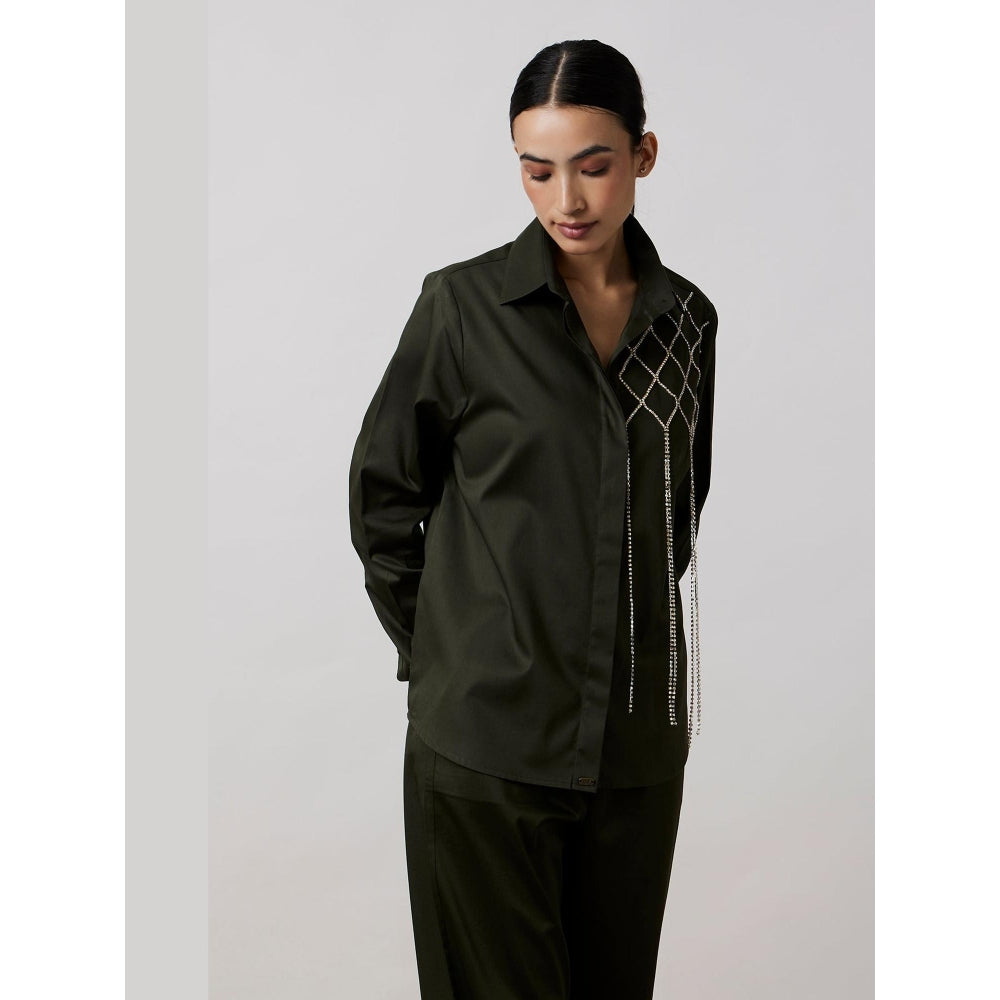 Pallavi Swadi Olive Fringe Swarovski Shirt
