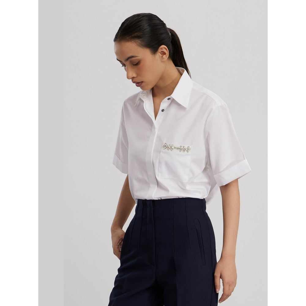 Pallavi Swadi White Swarovski Flower Strip Shirt