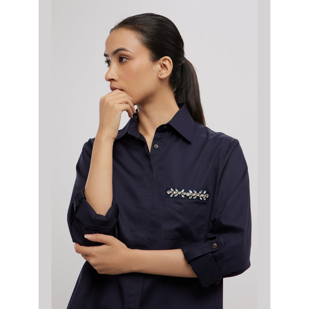 Pallavi Swadi Navy Swarovski Flower Strip Shirt