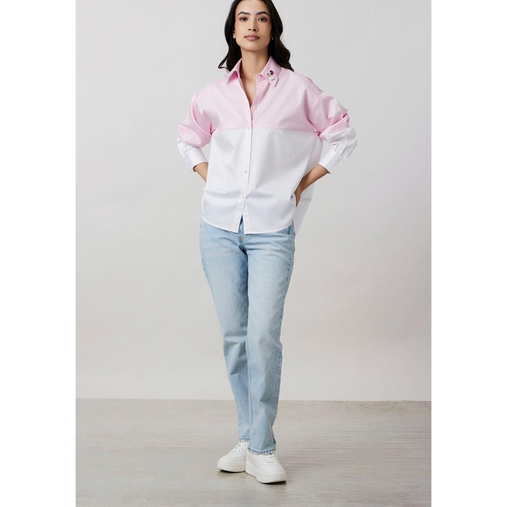 Pallavi Swadi Pastel Pink Block Shirt with Swarovski Collar