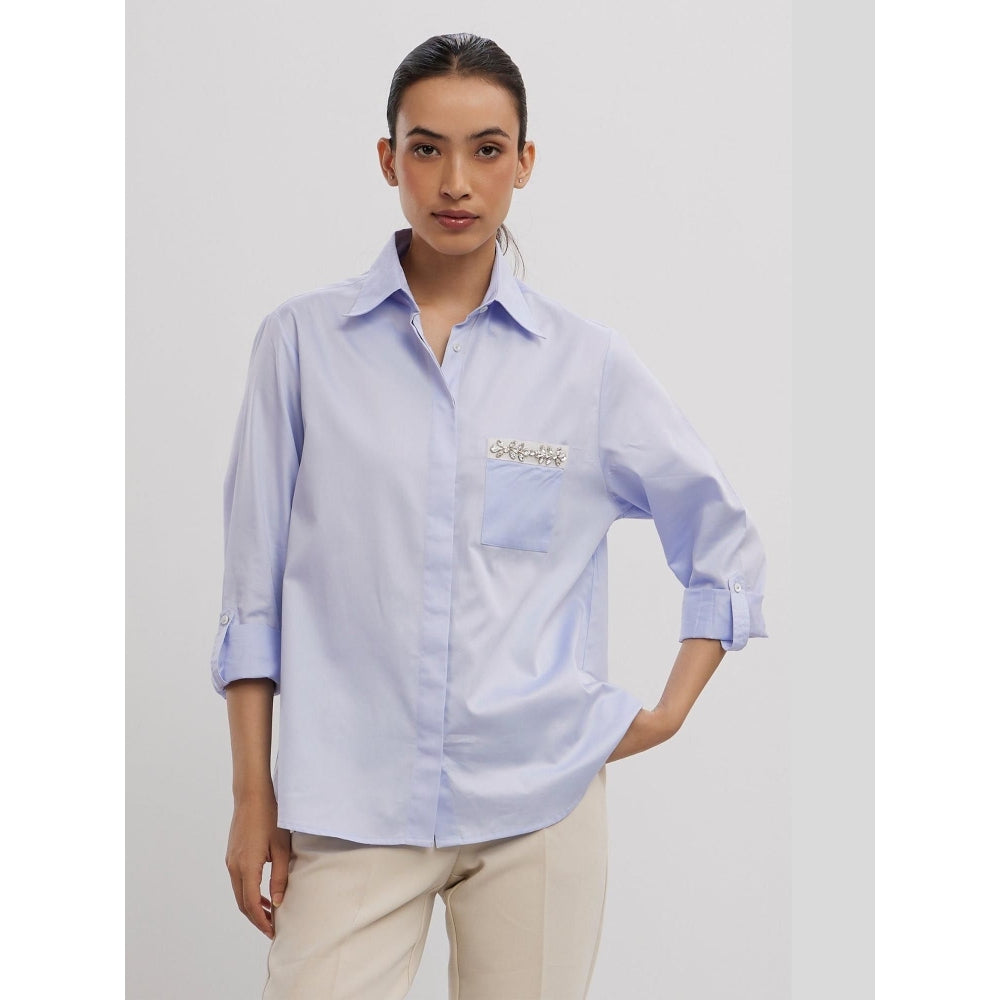 Pallavi Swadi Sky Blue Swarovski Flower Strip Shirt