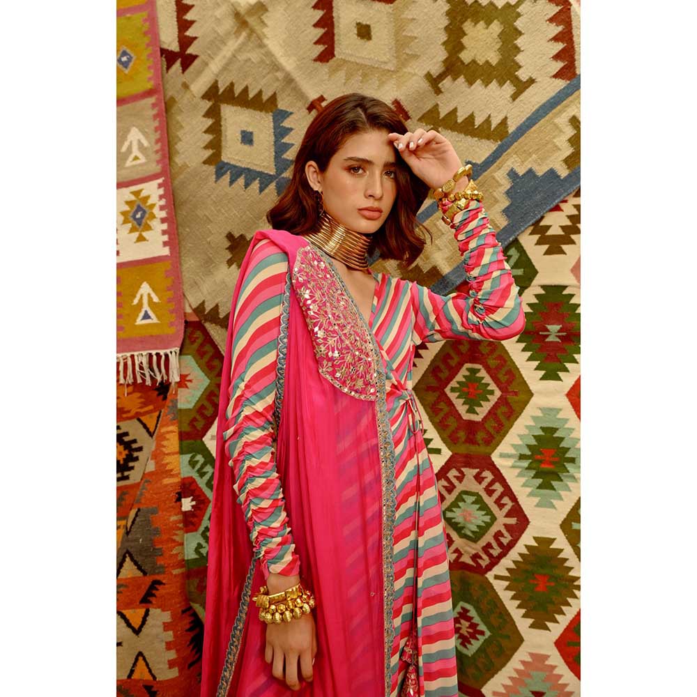 PALLAVI JAIPUR Hot Pink Indi-Leheriya Wrap Angarkha with Pant and Dupatta (Set of 3)