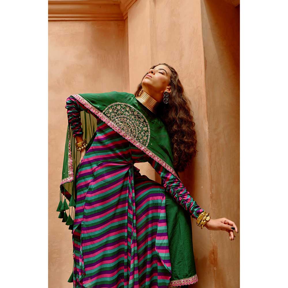 PALLAVI JAIPUR Multi-Color Indi-Leheriya Wrap Angarkha with Pant and Dupatta (Set of 3)