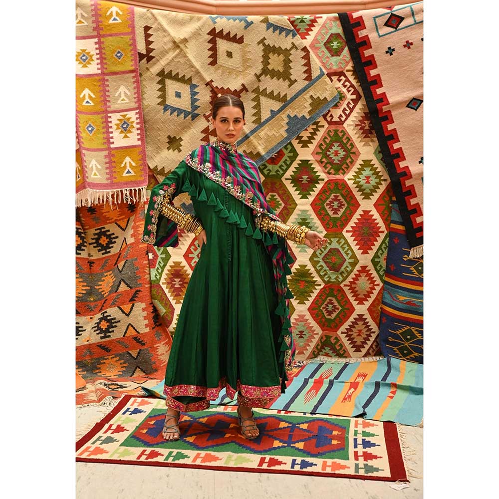 PALLAVI JAIPUR Green Slit Sleeve Anarkali with Multi-Color Dupatta and Pant (Set of 3)