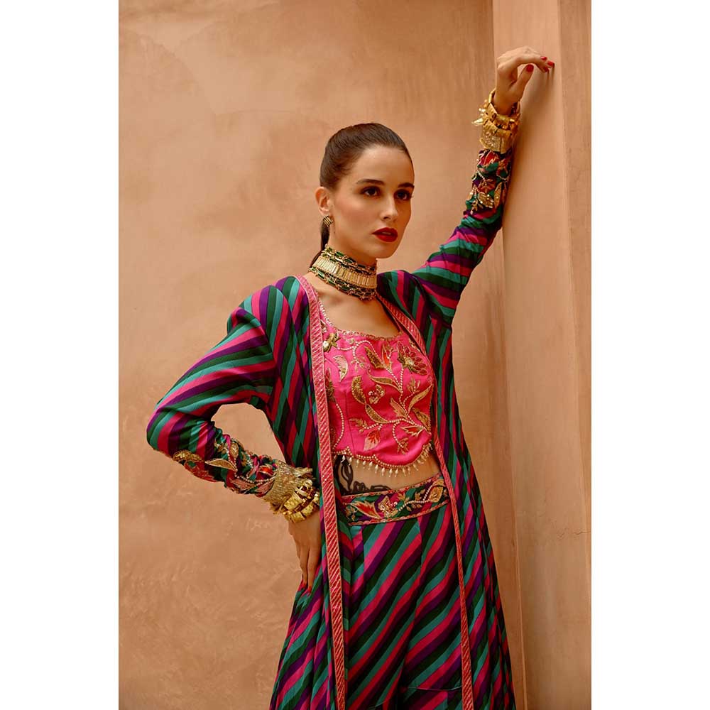 PALLAVI JAIPUR Multi-Color Indi-Leheriya Kallidar Jacket with Sharara and Crop Top (Set of 3)