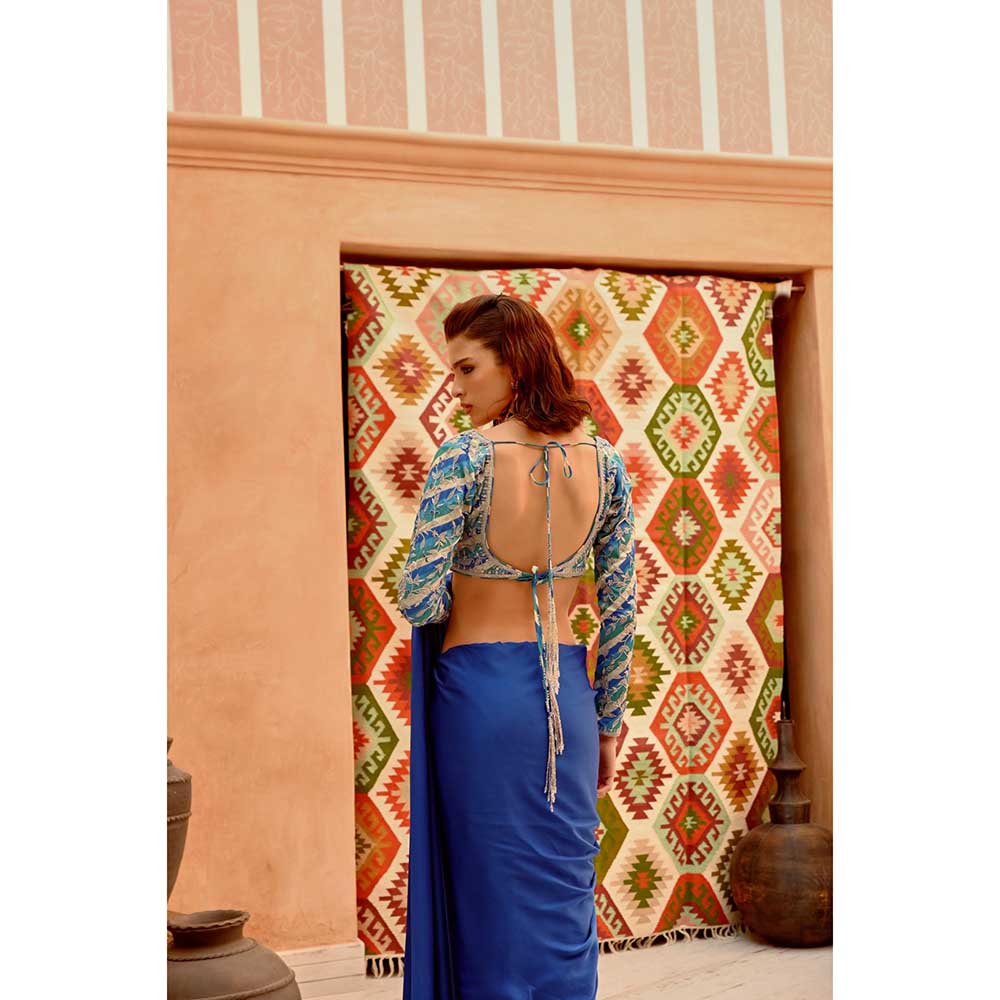 PALLAVI JAIPUR Cobalt Blue Drape Saree with Princess Stitched Blouse