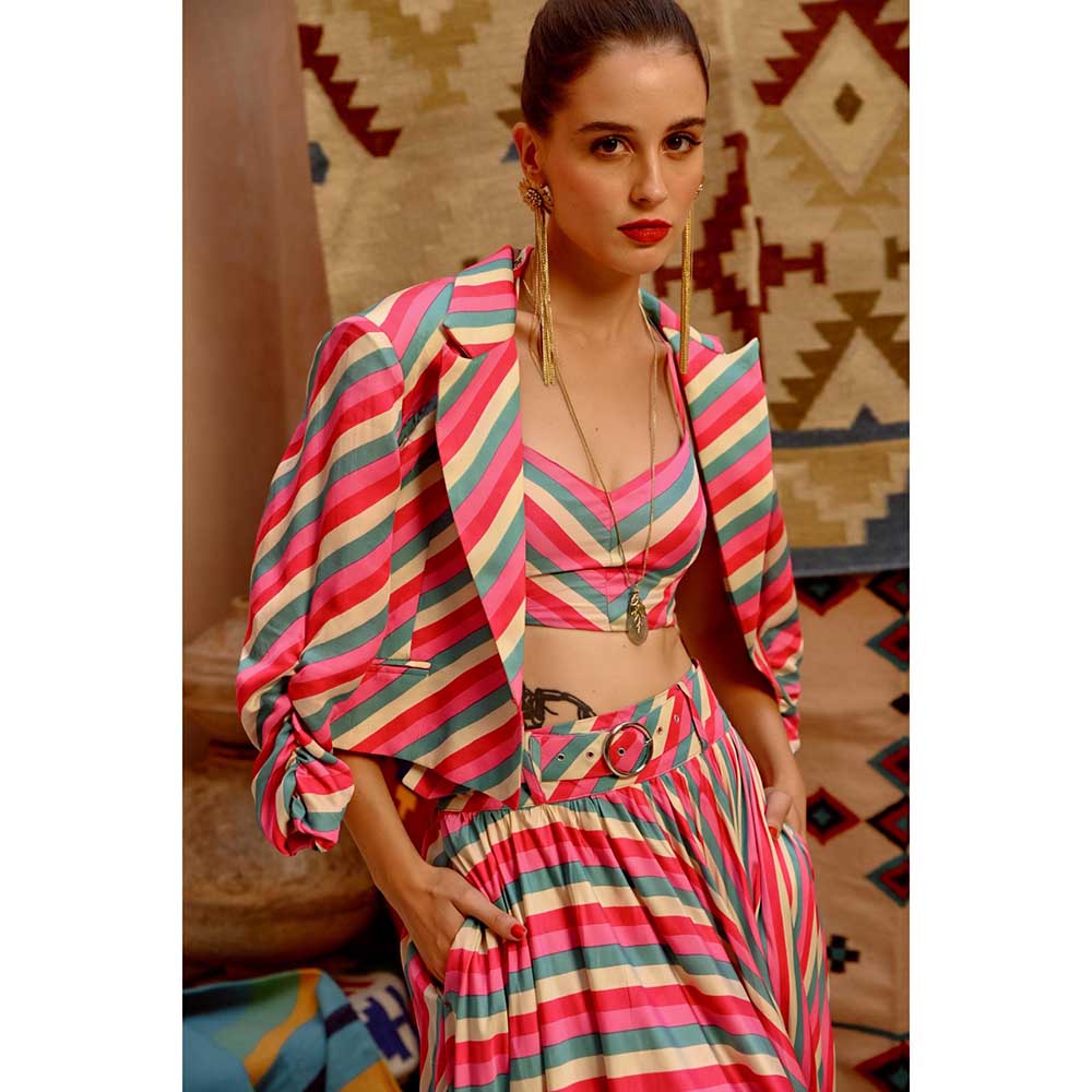 PALLAVI JAIPUR Hot Pink Indi-Leheriya Crop Blazer with Halter Top and Flared Skirt (Set of 3)