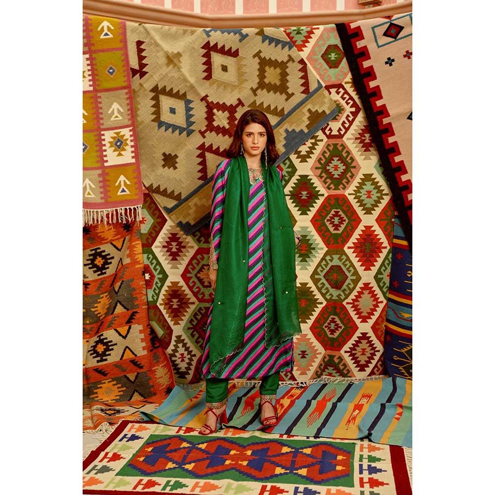 PALLAVI JAIPUR Multi-Colour Indi-Leheriya Straight Kurta Pant and Dupatta (Set of 3)