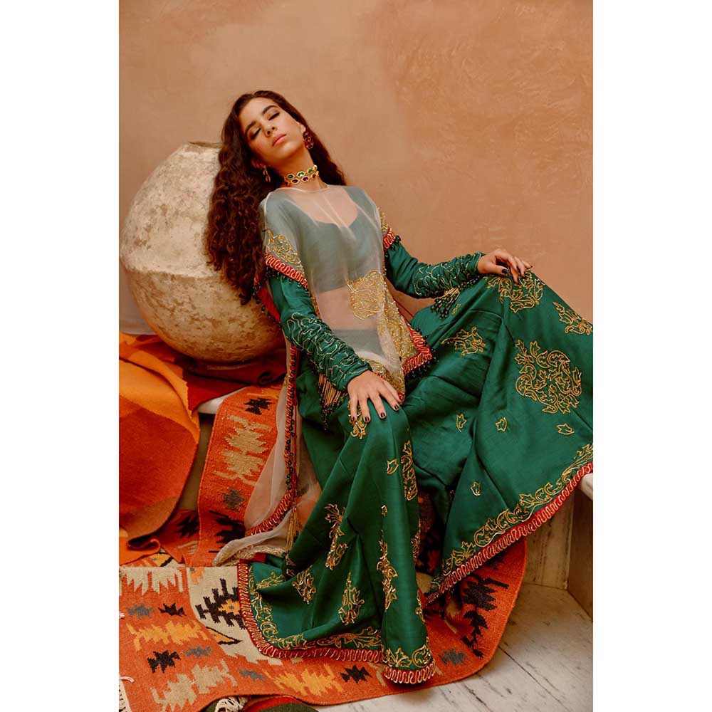 PALLAVI JAIPUR Fawn Sheer Sac Cape with Full Sleeve Blouse and Sharara (Set of 3)