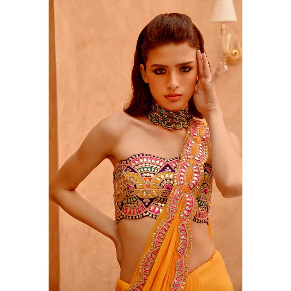 PALLAVI JAIPUR Yellow Saree with Pre-Stitched Palla and Pleats with Stitched Blouse