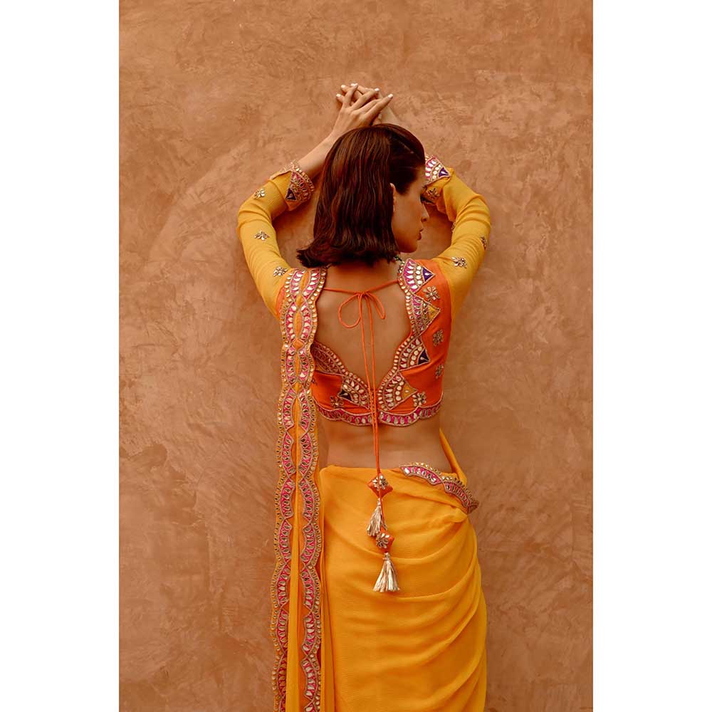 PALLAVI JAIPUR Yellow Saree with Pre-Stitched Palla and Pleats with Stitched Blouse