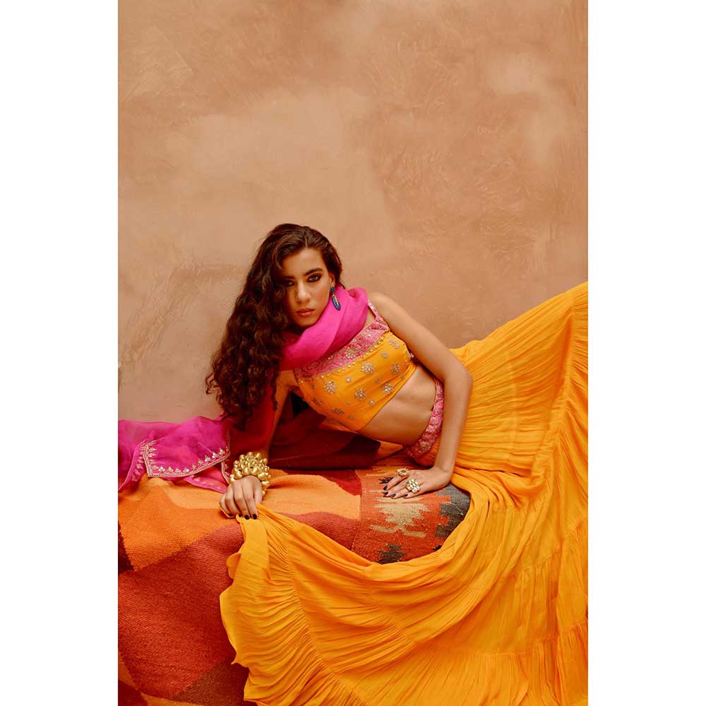 PALLAVI JAIPUR Turmeric Yellow Tier Lehenga with Blouse and Dupatta (Set of 3)
