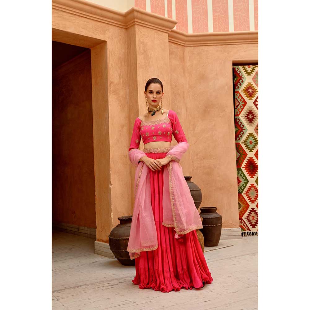 PALLAVI JAIPUR Hot Pink Tier Lehenga with Blouse and Dupatta (Set of 3)