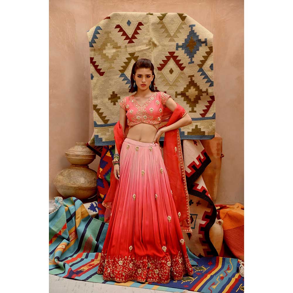 PALLAVI JAIPUR Red and Coral Ombre Ruched Lehenga with Blouse and Dupatta (Set of 3)
