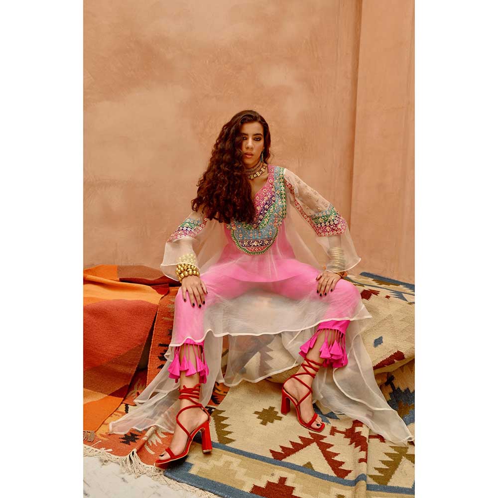 PALLAVI JAIPUR Ivory Sheer Anarkali with Short Kurti and Dorri Tassel Pant (Set of 3)