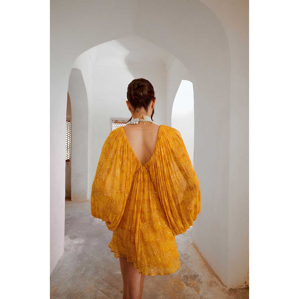 PALLAVI JAIPUR Gulbahar Marigold Mustard Jugnu Mini Dress