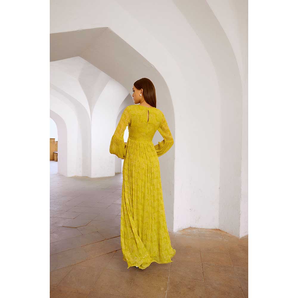 PALLAVI JAIPUR Gulbahar Lemon Yellow Peekaboo Waist Jugnu Sequin Maxi Dress