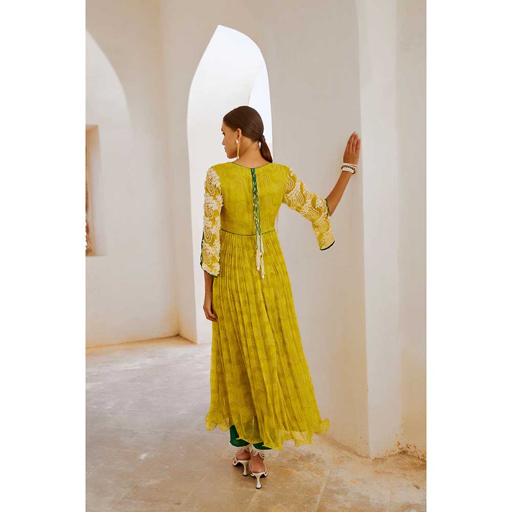 PALLAVI JAIPUR Lemon Green Bahara Anarkali Kurta With Pant & Dupatta (Set of 3)