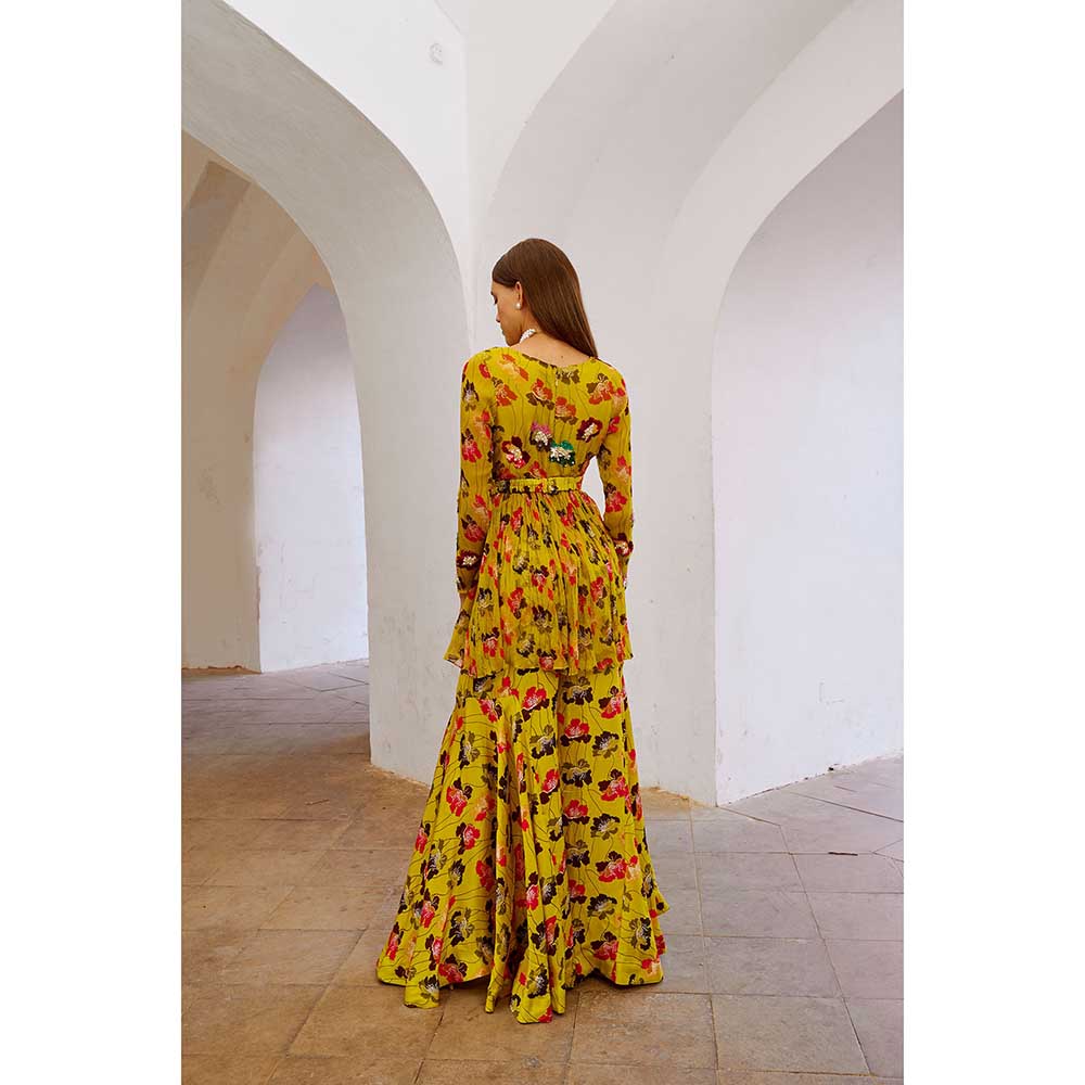 PALLAVI JAIPUR Gulbahar The Poppy Treasure Kurta & Sharara With Dupatta Belt (Set of 4)