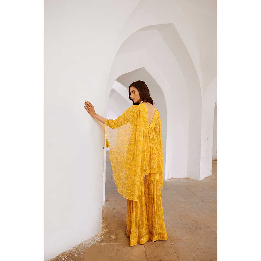 PALLAVI JAIPUR Gulbahar Marigold Yellow The Jugnu Winged Kurta & Sharara (Set of 2)