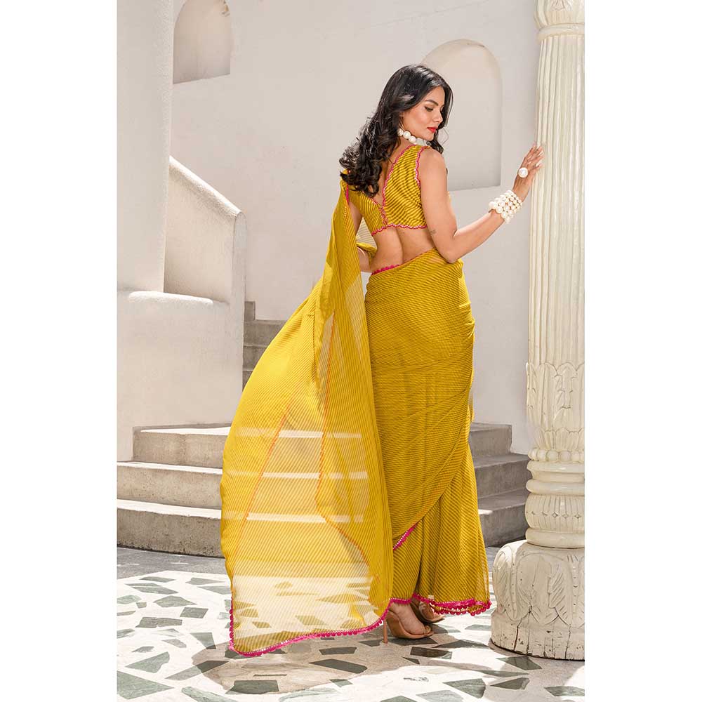 PALLAVI JAIPUR Gulbahar Olive Stripe Saree & Stitched Blouse