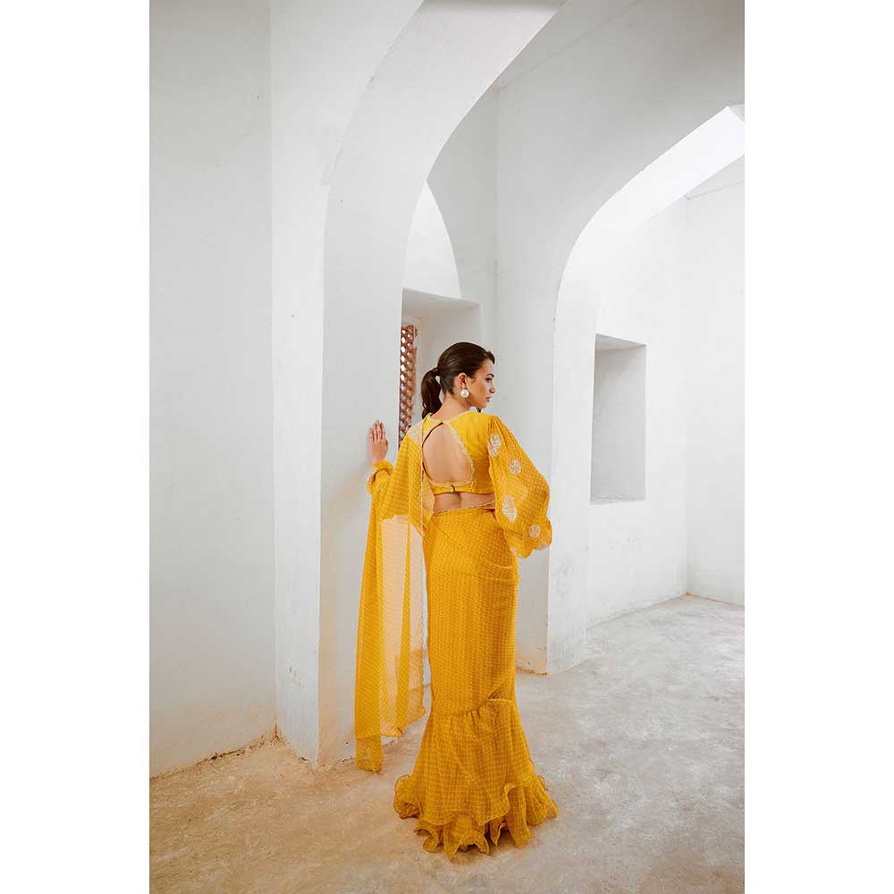 PALLAVI JAIPUR Marigold Yellow Gulbahar Balloon Sleeve Saree With Stitched Blouse