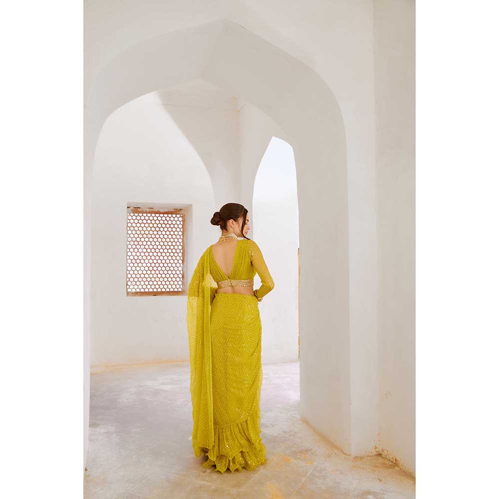 PALLAVI JAIPUR Lemon Green Gulnasheen Jugnu Drape Saree With Stitched Blouse