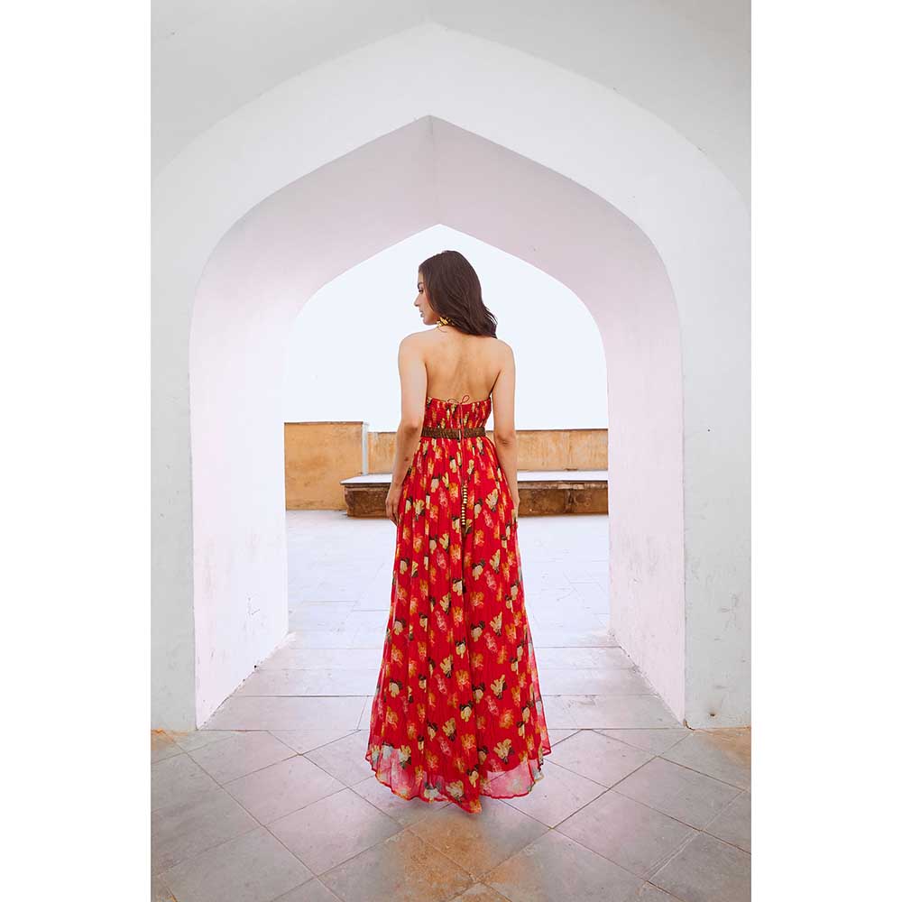 PALLAVI JAIPUR Gulbahar Chilly Red Bell Jumpsuit With Belt (Set of 2)