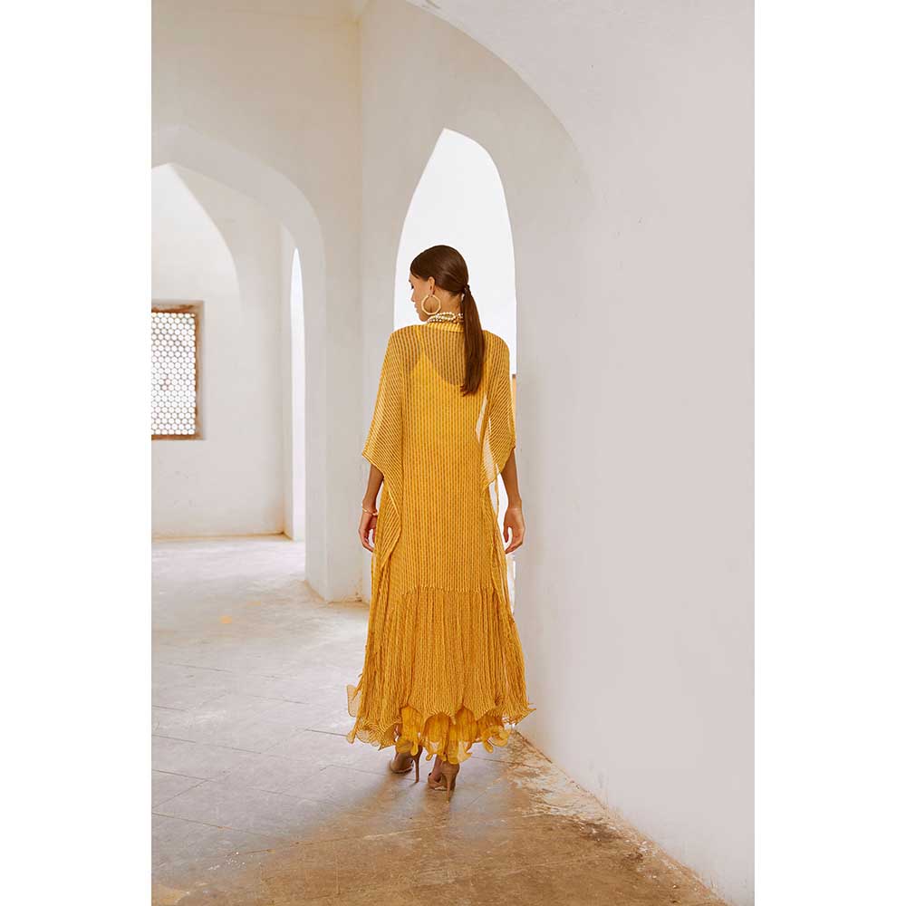 PALLAVI JAIPUR Gulbahar Marigold Yellow Bling Maxi Dress With Kaftan (Set of 2)