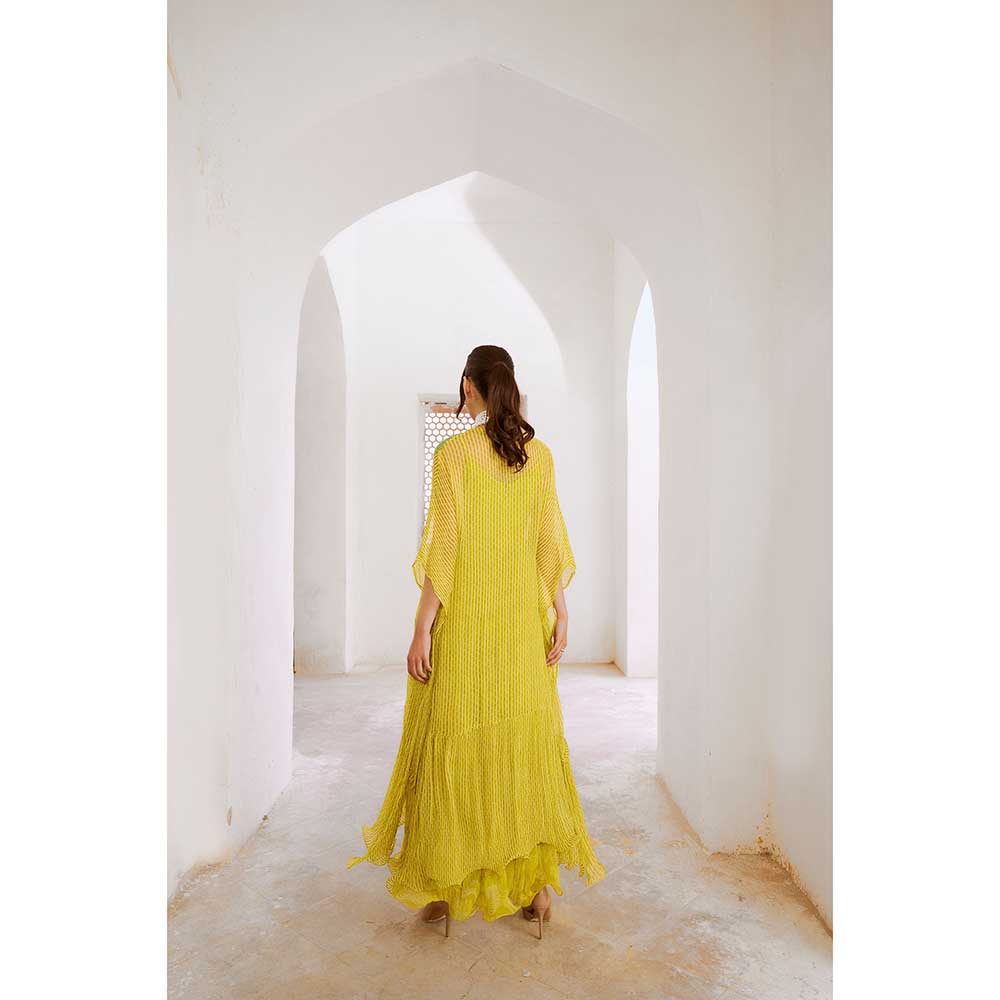PALLAVI JAIPUR Gulbahar Lemon Green Bling Maxi Dress With Kaftan (Set of 2)