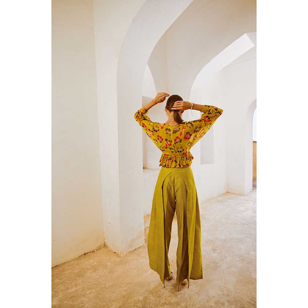 PALLAVI JAIPUR Gulbahar Bumble Bee Green Boho Frill Top With Inner & Fall Pant (Set of 3)