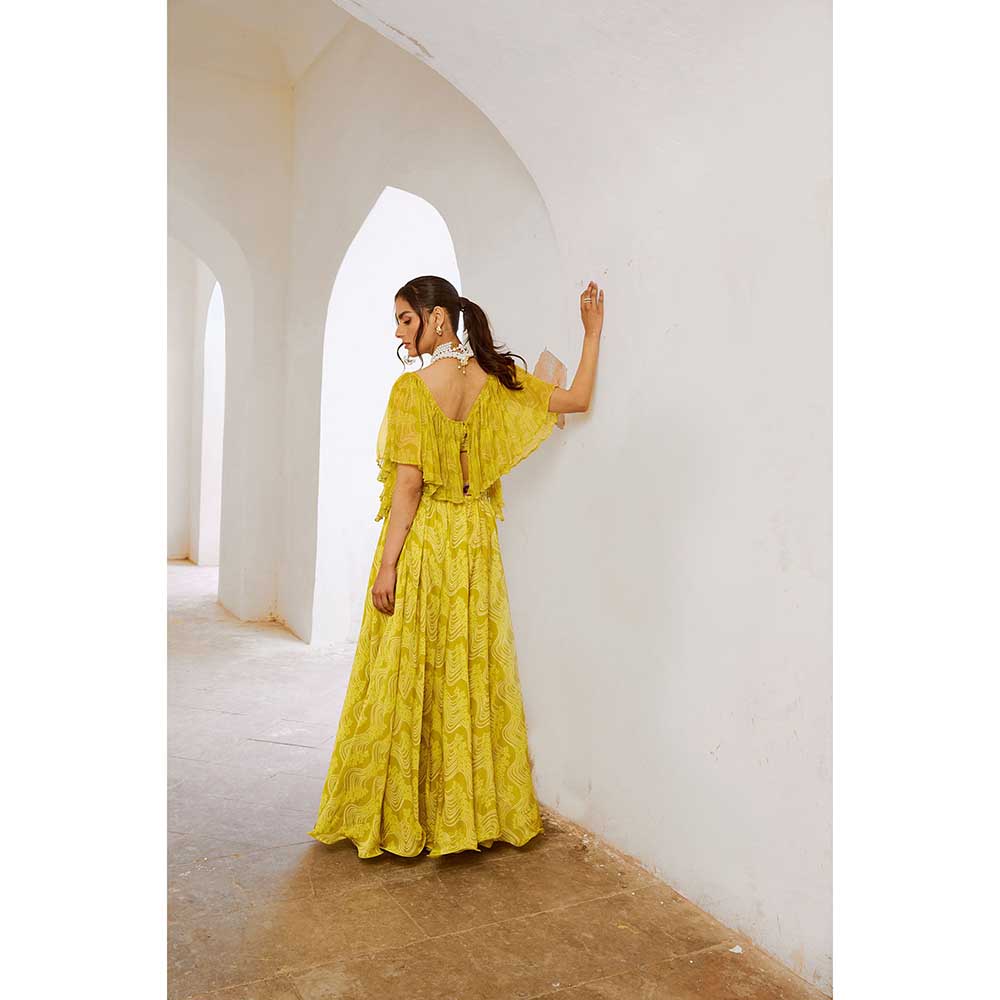 PALLAVI JAIPUR Gulbahar Lemon Green Butterfly Boho Blouse With Skirt (Set of 2)