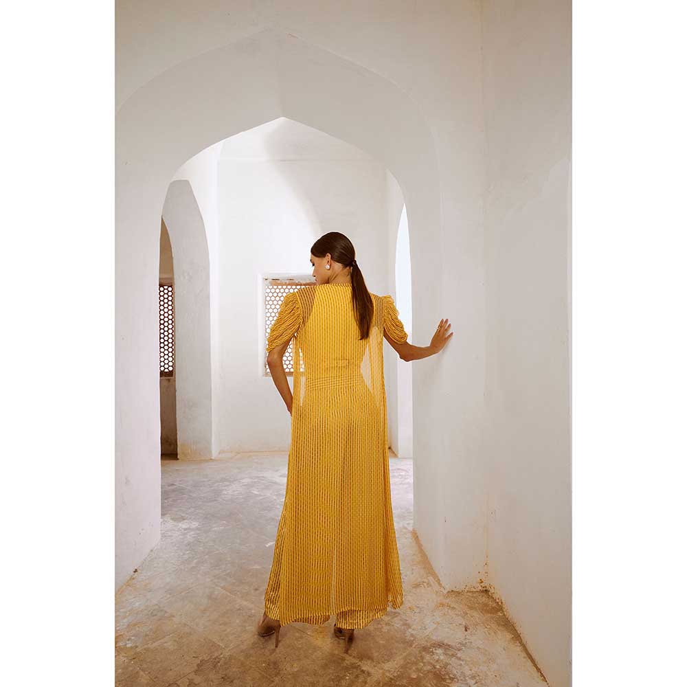 PALLAVI JAIPUR Gulbahar Daisy Yellow Sheesha Koti With Chiffon Jacket & Palazzo (Set of 3)