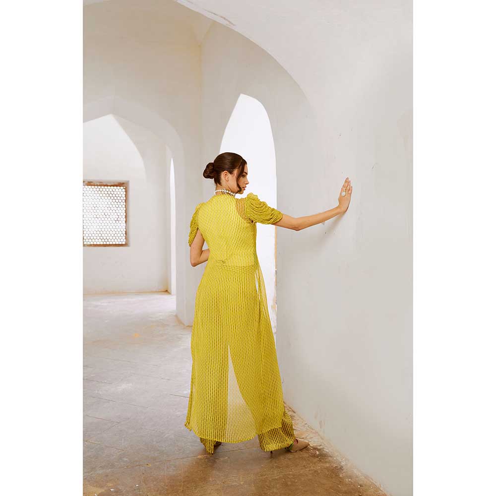 PALLAVI JAIPUR Gulbahar Lemon Green Sheesha Koti With Chiffon Jacket & Palazzo (Set of 3)